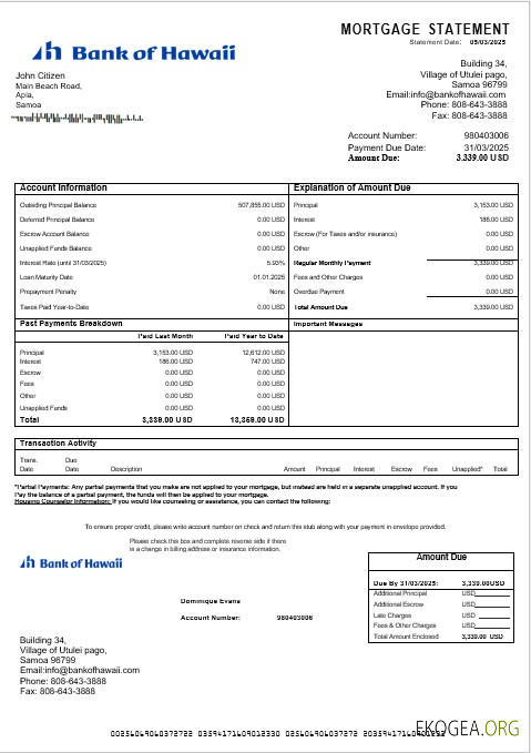 Relevé hypothécaire de la Samoa Bank of Hawaii aux formats Word et PDF